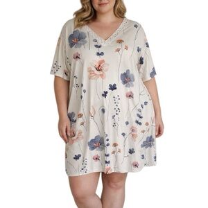 Plus size white floral short sleeve v-neck lace trim stretch nightgown dress 5XL